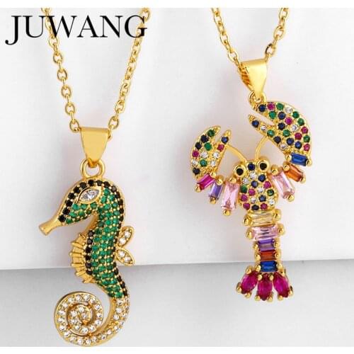 Gold Filled Rainbow Seahorse Pendant Necklace Cubic Zirconia For Woman CZ Lobster Long Necklace Rainbow Jewelry