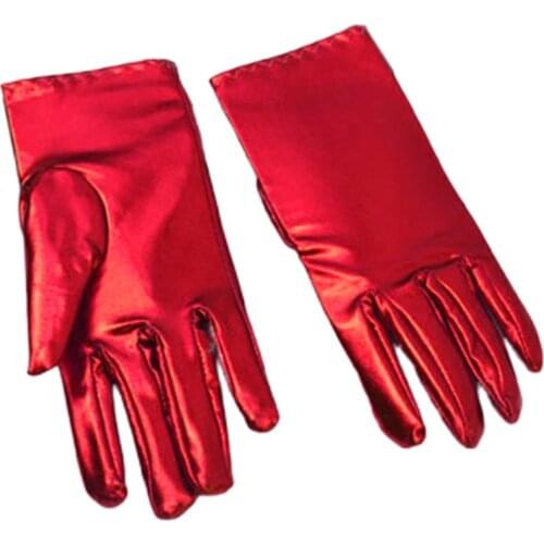 Faux Pantent Leather Spandex Short Gloves Shiny Metallic Solid Color Mittens 63HC