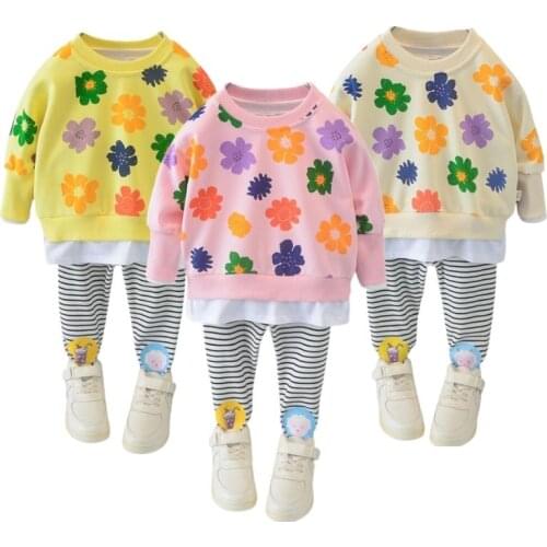 Autumn Childrens Sweater Suit Fashion Girls Print Flowers Top+Stripe Trousers 2pcs Set For 1-5 Years Baby Girls Clothes
