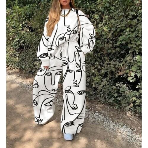 Face Eyes Graffiti New Hip Hop Sweatshirt Pant Suit Women Two Piece Set White BlackStreet Tracksuit Fashion Girl Loose Plus Size