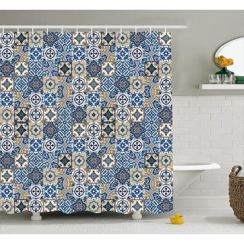 Moroccan Shower Curtain Big Collection of Portuguese Traditional Azulejo Motifs Oriental Curls Home Decoration Bathroom Curtains