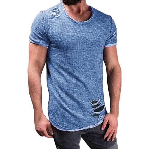 55# Mens Summer Streetwear Top Mens Round Neck Solid Color T-shirt With Short Sleeve Holes In The Hem Summer Casual Loose Tees