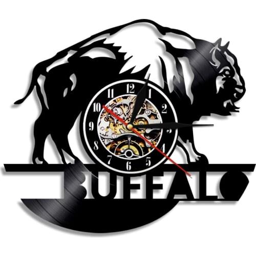 1Piece Buffalo Silhouette Wall Clock Make From Vinyl Record Wild Animal Buffalo Clock With LED Color Changing Light Home Decor