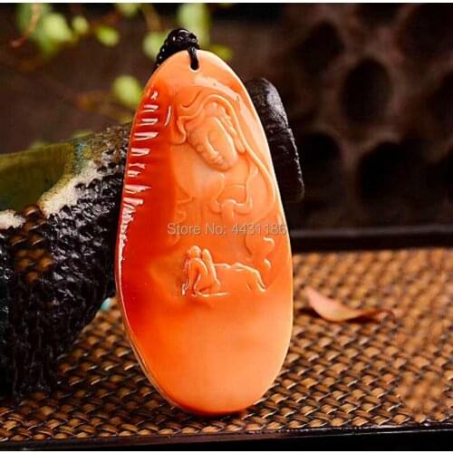 Natural Cypraecassis Rufa Fully Hand-Carving GuanYin Lucky Shell Pendant Necklace Amulet*Free Gift Box