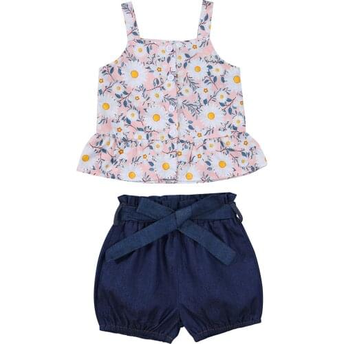 1-5Y Summer Casual Kids Girls Clothes Sets 2pcs Single Breasted Ruffles Sleeveless Floral Tops Shorts