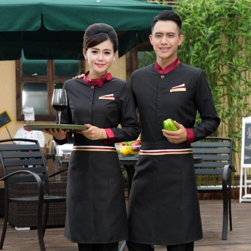 Hotel Waiter Work Clothing Fall and Winter Women Restaurant Long Sleeve Uniform Mens Blue Hotpot Staff Work Shirt+Apron 2pcs Set