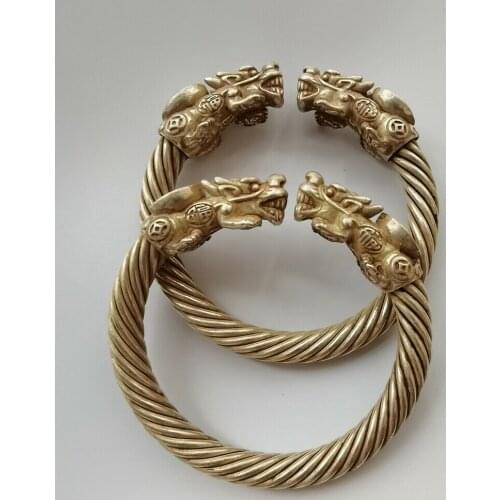 A Pair Old Chinese tibet silver handcarved dragon head wealth Lucky Bracelet