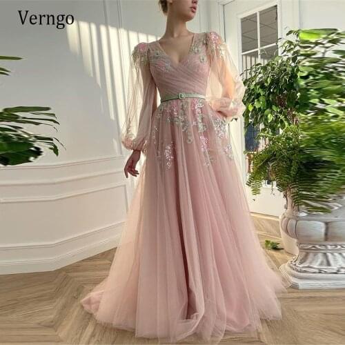 Verngo Modest Blush Pink Tulle Puff Long Sleeves Evening Dresses V Neck Colorful Flowers Butterfly Sequin A Line 2021 Prom Gowns