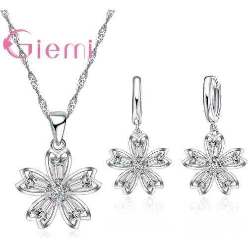 Simple Flower Design Clear Zircon Stones Wedding Jewelry Sets PopularFemale Earrings Necklace Pendant