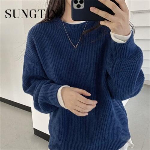Sungtin O Neck Ribbed Pullover Oversized Women Soft Warm Knitted Sweater Female Solid Jumper Blue Spring Korean Outerwear 2021