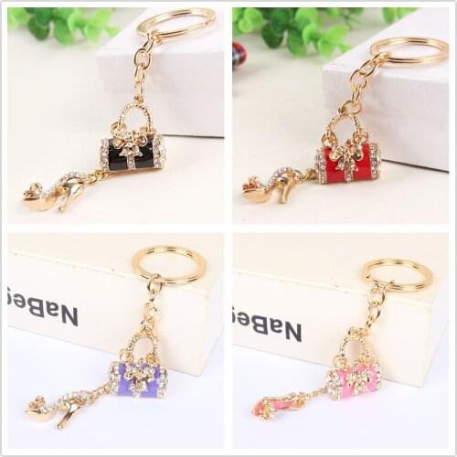 Mixed Color Handbag High-heel Shoe Butterfly Bowknot New Fashion Cute Rhinestone Crystal Purse Key Ring Chain Jewelry Great Gift