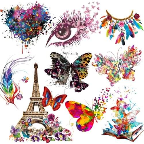 Prajna Heat Transfer Vinyl Flowers Butterfly Patch Iron-On Transfers For Clothing Colorful Heart DIY Thermal Stickers On Clothes