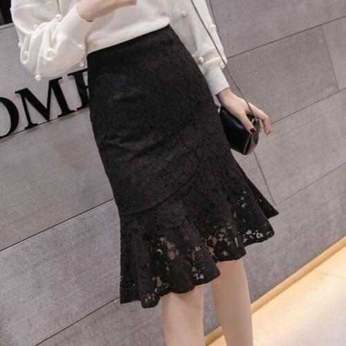 High Waist Black Fishtail Skirt Autumn Lace Long Ruffled A- line Skirt for Women Woman Skirts Mujer Faldas Saias Mulher