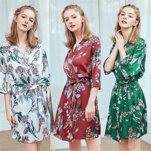 Short nightgown ladies printed green temperament pajamas spring summer plus size bathrobes home clothes loose casual bathrobe
