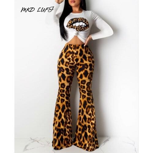 Lip Print Long Sleeve Tops & Leopard Pants Set Autumn Women Casual 2 Piece Set Outfits Streetwear