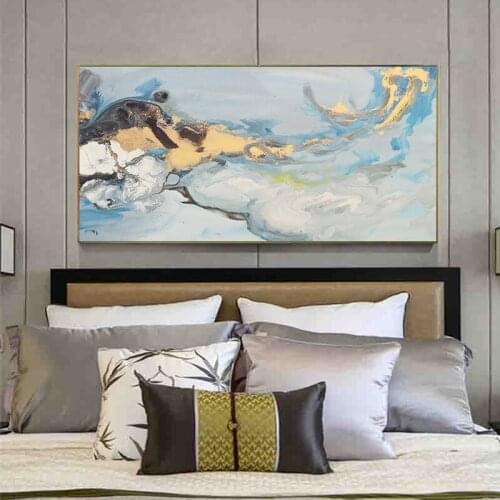 GOODECOR abstract water colorful wall art Golden blue canvas painting modern scandinavian posters printing for living room