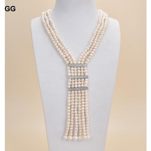 GuaiGuai Jewelry 18-19" Natural 6-7mm White Pearl 3 Rows White Round Pearl Necklace CZ Connector