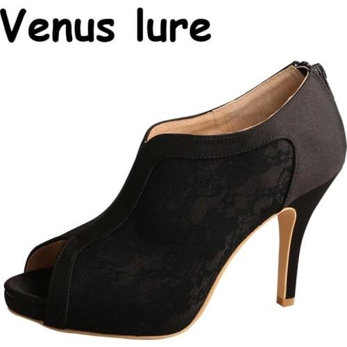 Hot Selling Black Lace Wedding Heels Open Ladies Summer Boots with Zipper
