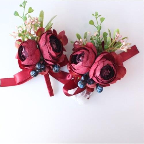 Lovegrace 15 Colors Artificial Mini Rose Bridesmaid Wrist Corsages Groom Boutonnieres Flower Wedding Bride Pins Bracelets Supply