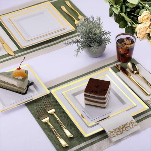 25-75pcs Wedding Party Disposable Gold Dinnerware Set Square Plastic Plates Rose Gold Plastic Silverware For Birthday Christmas