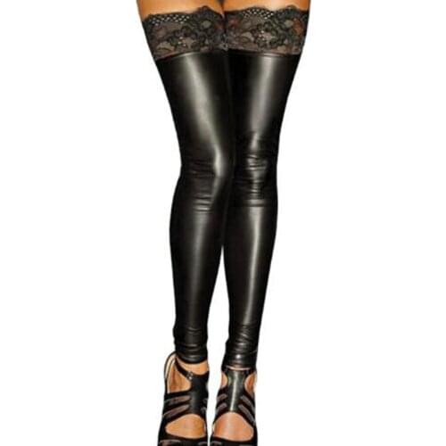 New Sexy Women Thigh High Stockings Female Erotic Lace Wetlook Black Leather Stockings Vinyl Latex Gothic Tights Stockings