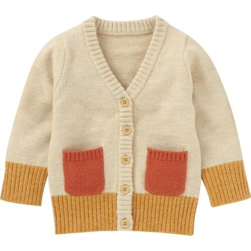New Baby Long-sleeved Cardigan Fresh Color Contrast V-neck Single-breasted Knitted Jacket