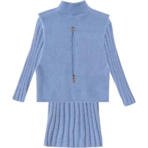 Girl solid color dress vest two-piece Girl autumn and winter long sweater vest suit Girl windproof warm sweater set