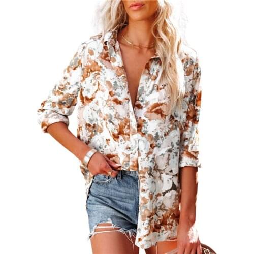 Autumn Women Button-down Shirt Printed Long Sleeve Turn-down Collar Blouse Casual Loose Shirt