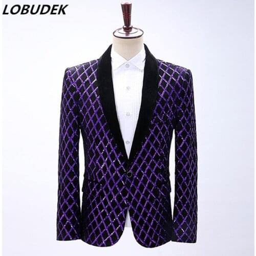 Mens Purple Sequins Glitter Tuxedo Suit Jacket One Button Slim Plaid Wedding Stylish Dress Male Singer Stage Performance Blazer
