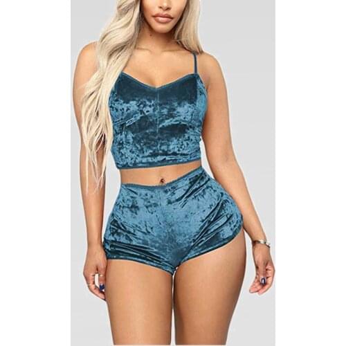 Sexy Women Velvet Pajama Two Piece Sets Lace Sleepwear Homewear Lingerie Pajamas Sleeveless Crop Tops Shorts Sets