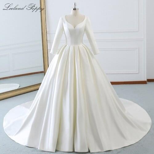 Lceland Poppy A-line Satin Wedding Dress 2020 V-neck Long Sleeves Vestido de Novia Floor Length Bridal Gowns Chapel Train