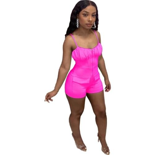 Casual Sporty Solid Womens Summer Playsuit Sexy Zipper Spaghetti Strap Reched Pockets Slim Bodycon Club wear Jumpsuit Women