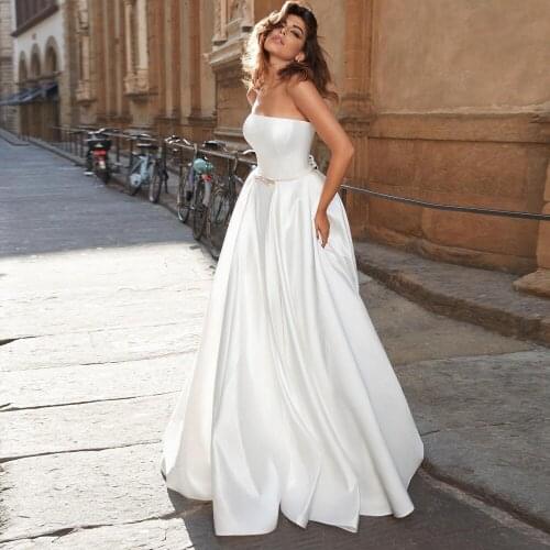 Simple Strapless Sleeveless Stain Wedding Gown White Ivory Champagne A-line Corset Bridal Dress Cheap Vestido de Novia