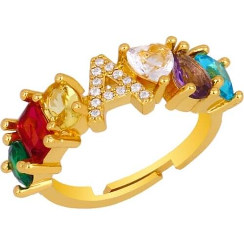 Colorful Cute 26 letter Rings Bohemia Fashion Rainbow Rhinestone CZ Ring Attractive For Women Jewelry rigj36