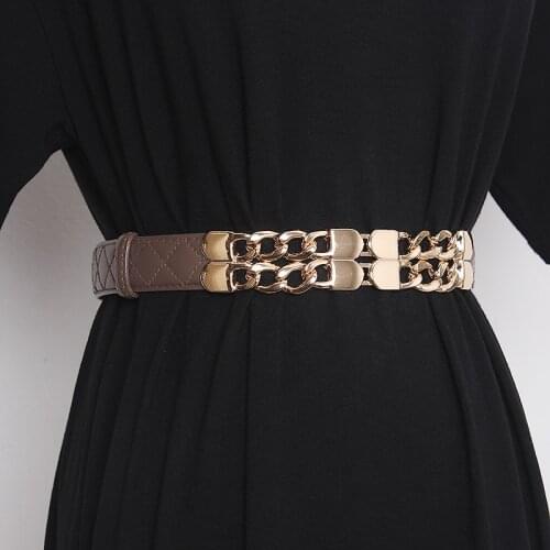 2021 Punk Cowhide Belt Women Double Layers Metal Chain Hook Buckles Waist Belt Women Luxury Genuine Leather Winter Coat Belt New