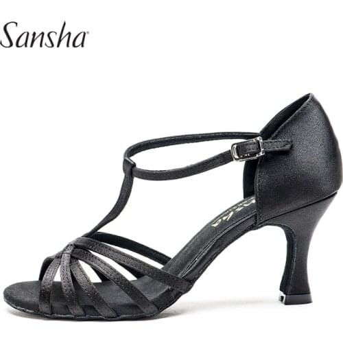 Sansha Women Satin Latin Dance Shoes 7.5CM Height Heel Black Red Salsa Shoes Ballroom Dancing Shoes For Girls Ladies BR31028S