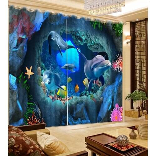 Home Bedroom Decoration Blue Ocean Coral Dolphin 3D Bathroom Shower Curtain Custom Any Size 3D Curtain Blackout