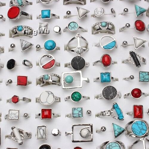 Yingwu Mixed 20pcs Bohemia Style Natural Mix Color Stone Rings Tibetan Silver Tone Hollow Finger Rings Jewelry For Women