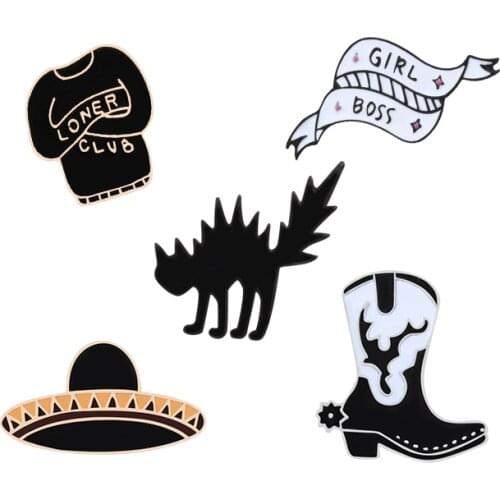 Funny Angry Cat Boots Brooch Lover Club Sweater Cowboy Hat Enamel Pin Men Jackets Lapel Collar Pin Fashion Cartoon Jewelry Gifts