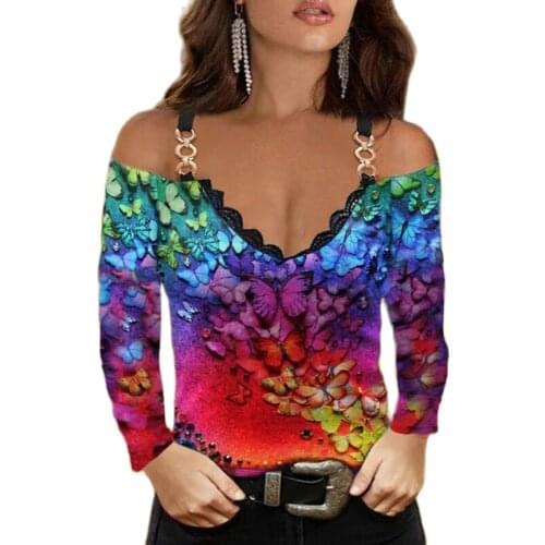 Women Multicolor Long-Sleeve Suspender Neckline T-Shirt Tops For Autumn 2021 New Fashion Printing Off Shoulder Pullovers T-Shirt