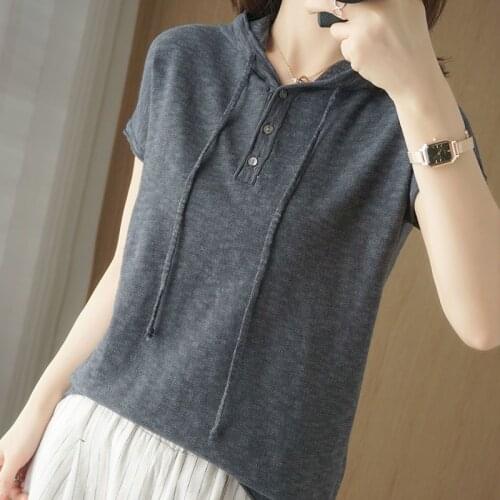 2021 Summer New Womens T-shirt Top Hooded Short Sleeve Korean Version Loose Womens V-neck T-shirt Women Clothes Vintage Shirt