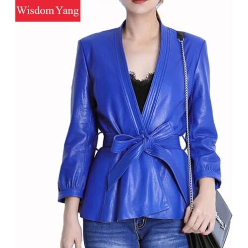 Autumn Black Blue Real Sheepskin Genuine Leather Jackets Women Coat Belt Bow Short Overcoat Bomber Ladies Jacket Coats Outerwear