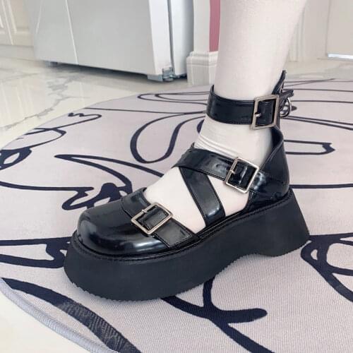 2021 Summer New Vintage Mary Jane Shoes Womens Muffin Platform Leather Cross Strap Sandals College Style Shoes