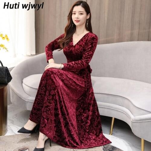 2021 Autumn Winter Gold Velvet Long Sleeve Maxi Dress Vintage Solid 3XL Plus Size Printed Dress Elegant Women Bodycon Vestidos