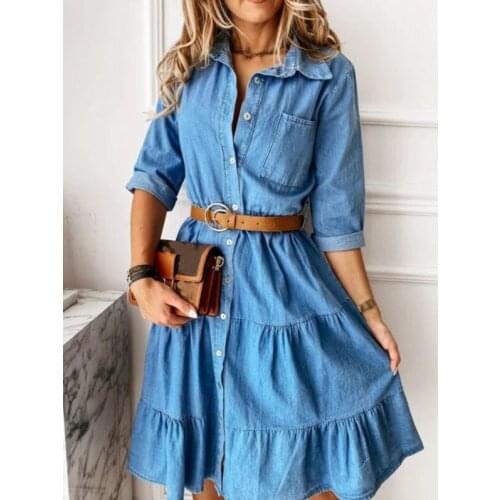 Autumn Denim Dress Women Turn Down Collar Half Sleeve A-Line Dresses Bodycon Robe Loose Cowboy Denim Dresses Vestido De Mujer