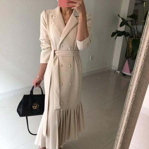 Hepburn 2021 Autumn New Korean Women Fashion Notched Occupation Dresses Designer Double-Breasted Lace-Up Femme Pleats Dress