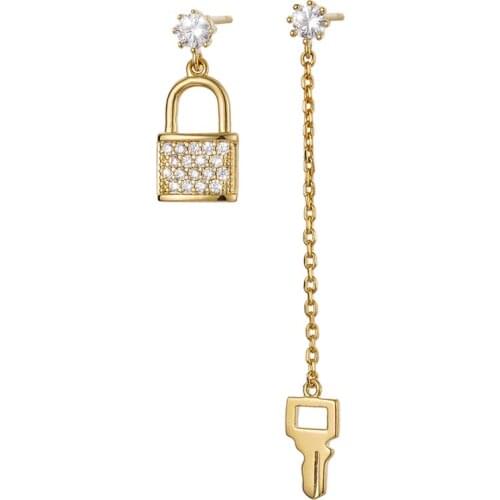 2pairs Fashion cubic zircon glittering crystal lock asymmetric earrings