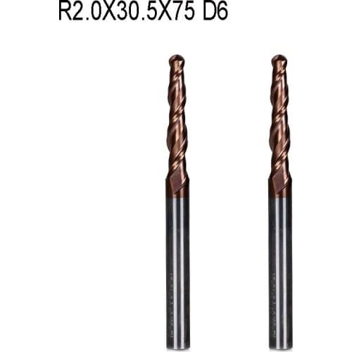 2pcs R2*D6*30.5*75L*2F HRC55 Tungsten solid carbide Coated Tapered Ball Nose End Mills taper and cone endmills