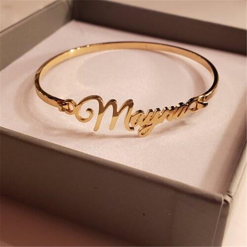 AurolaCo Customized Nameplate Name Bracelet Personalized Custom Cuff Bangles Women Men Rose Gold Stainless Steel Jewelry Gifts