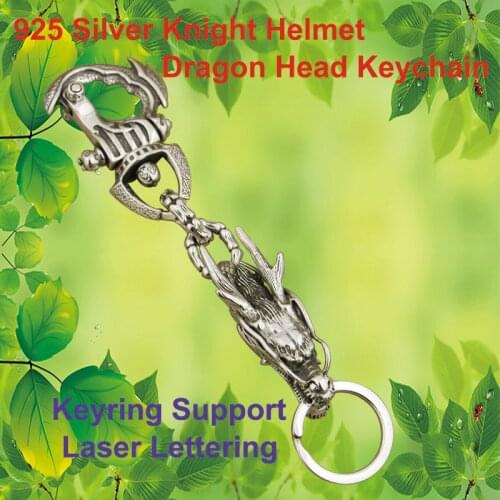 Punk Fashion Individual Waist Pendant Solid 925 Sterling Silver Cool Mens Knight Helmet and Dragon Head Keychain Keyring 8J025